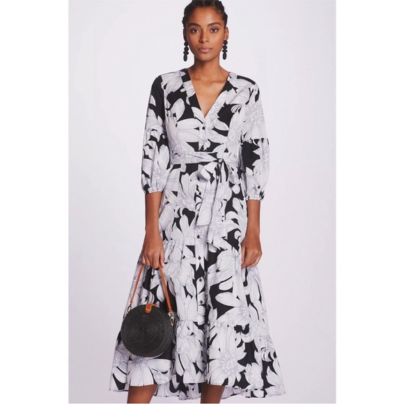 Anthropologie Maeve Puff-Sleeved Midi Dress tiered black white sz 6 100% cotton - Picture 1 of 16